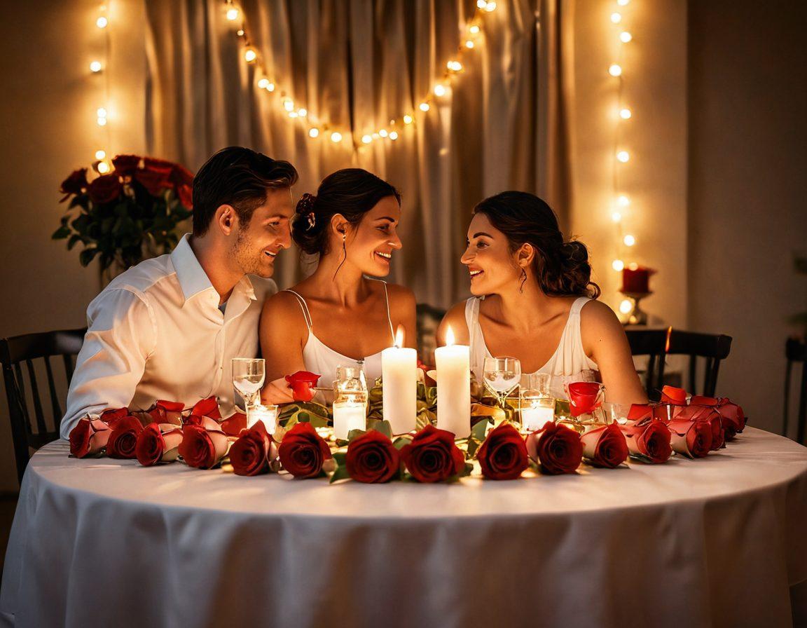 A beautifully set candlelit dinner table for two, adorned with red roses and delicate fairy lights. In the background, a soft embrace between a couple conveying deep emotional connection, with warm, glowing hues reflecting romance. Artfully arranged hearts floating gently in the air, embodying love and intimacy. The ambiance should evoke a sense of warmth and passion, capturing the essence of romance. super-realistic. vibrant colors. soft focus.