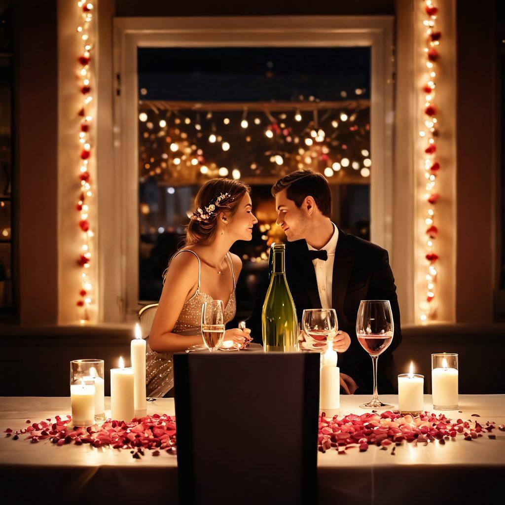 An intimate candlelit dinner setting with a couple leaning towards each other, gazing lovingly, surrounded by subtle romantic elements like rose petals and soft twinkling fairy lights. A warm, engaging atmosphere that symbolizes passion and connection. Include a wine bottle and glasses in the frame to enhance the romance. soft focus. warm colors. painting.