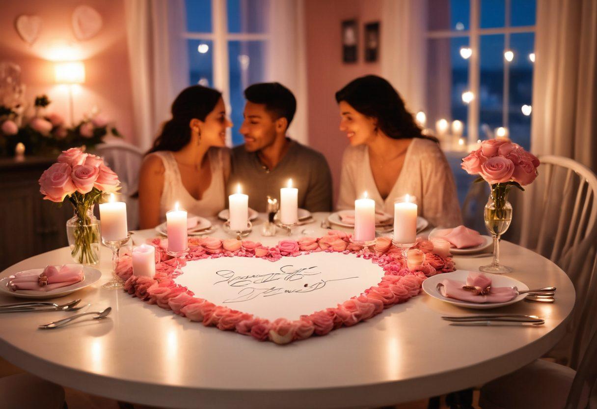 A cozy, candlelit couple's dinner table, adorned with fresh roses and soft, glowing lights, symbolizing love and intimacy. In the background, a heart-shaped silhouette of two people embracing, surrounded by soft pink hues and warm tones. Add a touch of handwritten notes with heartfelt messages scattered around. super-realistic. vibrant colors. romantic ambiance.